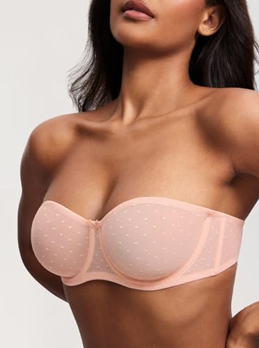 Image of DOBREVA Women's Mesh Strapless Bra Sheer Unlined See Through Underwire Bras Plus Size