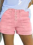 Sidefeel Womens Jean Shorts Summer High Waisted Stretchy Buttoned Folded Hem Denim Shorts Pink Size 16