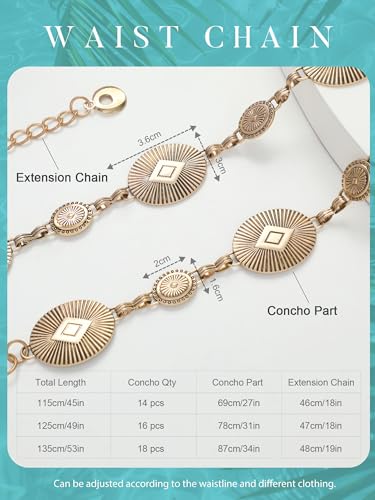 Image of FIORETTO Western Waist Chain Belt Metal Concho Belt for Women Cowgirl Cowboy Boho Country Belt for Dress Jean