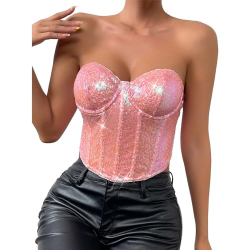 Cihdmfb Korsett Bustier BH Damen Glitzer Pailletten Dessous Tank Top Tanktop Sexy Spaghettiträger Ärmellos Crop Top Trägertop Festival Party Club...