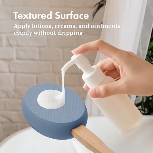Image of AmazerBath Lotion Applicator for Back, Feet, 4 Replacement Pads with 17 inch Curved Handle, Back Sunscreen Applicator for Kids, Elderly, Women, Apply Skin Cream Medicine Moisturizer Tanner, Slate Blue