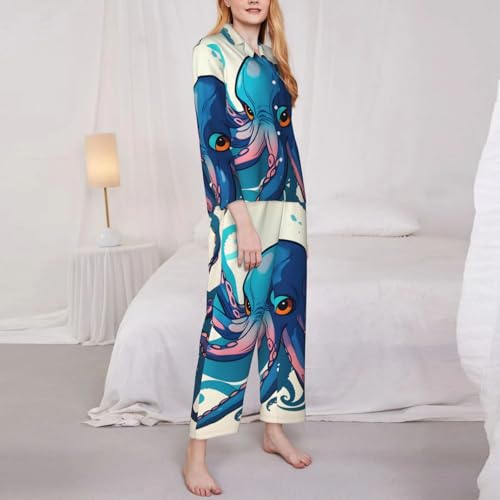 Ensemble de pyjama 2 pièces pour femme imprimé pieuvre bleu et violet - 3