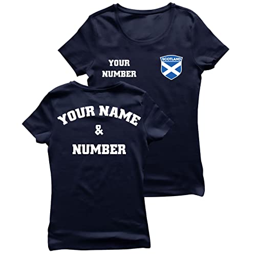 Camiseta de Fútbol Manga Corta Mujer | Regalo Personalizado con tu Nombre y Número | Escocia 2026 (XXL Azul Naval Multicolor)