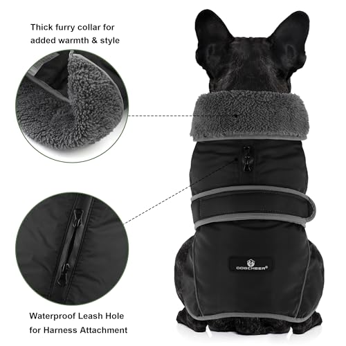 Image of Dogcheer Dog Coat, Waterproof Dog Jacket Reflective Pet Winter Coat with Adjustable Hook & Loop, Christmas Puppy Fleece Jacket Warm Turtleneck Snowsuit for Small Medium Large Dogs - Black, L