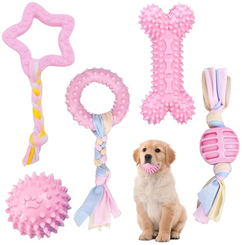 KOMEITO 5pcs Giocattoli da Masticare per Cuccioli, Giocattoli in Corda Cotone per Cani, Giocattoli Dentizione Cani, Applica a Aiutare Cuccioli Liberare Ridurre Distruggere Comportamento (Rosa)