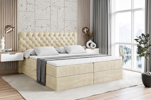 ALTDECOR Boxspringbett mit Matratze und Lattenrost, Boxbett, Topper, Polsterbett mit Bettkasten, Bett mit Stauraum H3-Matratze, Doppelbett, Springboxbett - BOXI8-200x200 - Beige Monolith 04