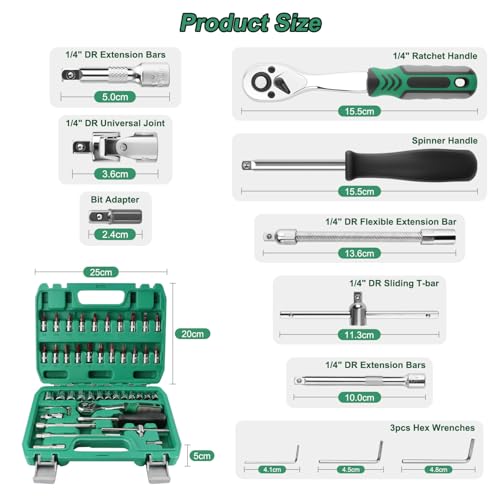 Ratchet Wrench Socket & Bit Set 46pcs, with 72-Tooth Ratchet Wrench, 1/4" Drive Hex Sockets, Bit Sockets, Extension Bars & Storage Case for DIY, Car Repair & Household Maintenance - Image 5