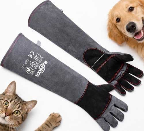 RAPICCA Animal Handling Gloves, Bite Proof Double Leather, 22in Grey-Black
