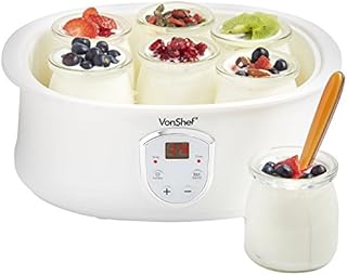 VonShef Yoghurt Maker Machine  Yogurt Maker with 7 x 200ml Glass Jars & Lids, LCD Display & Timer, 20W, Ideal for Homemade Individual Yoghurt Pots, Easy Cleaning & Simple Operation  White