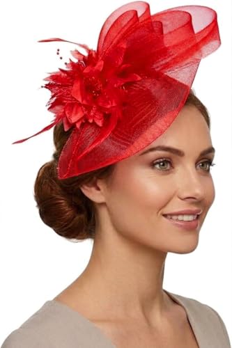Caprilite Red Fascinator Headband Flower Wedding Ascot Races Net Hat Feathers