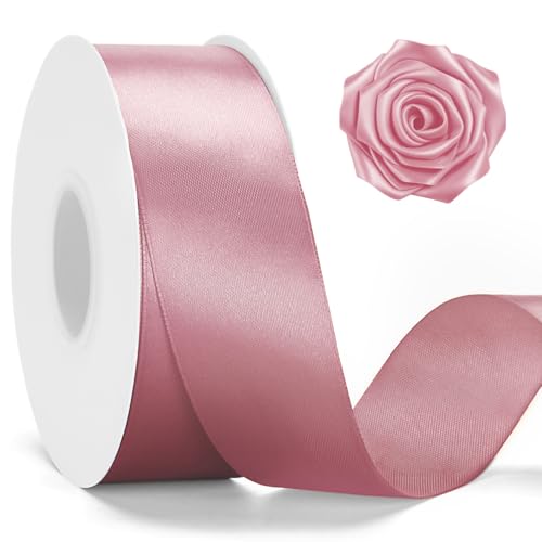 KINGLAKE Dusty Pink Satin Ribbon - 1-1/2 Inch x 2 Rolls Rosy Mauve Ribbon 100 Yards Dusty Rose Ribbons for Gift Wrapping Roses Making Crafts Bouquet Wedding Birthday Baby Shower Mother's Day Decor