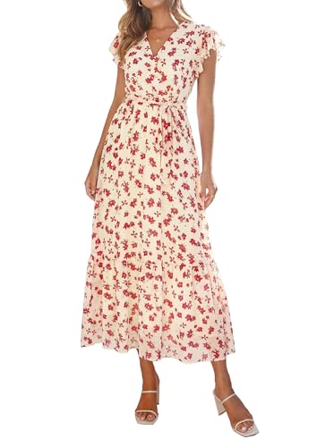 Image of PRETTYGARDEN Women's Summer Floral Boho Maxi Dress Short Sleeve Wrap V Neck Ruffle Long Flowy Beach Wedding Guest Dresses