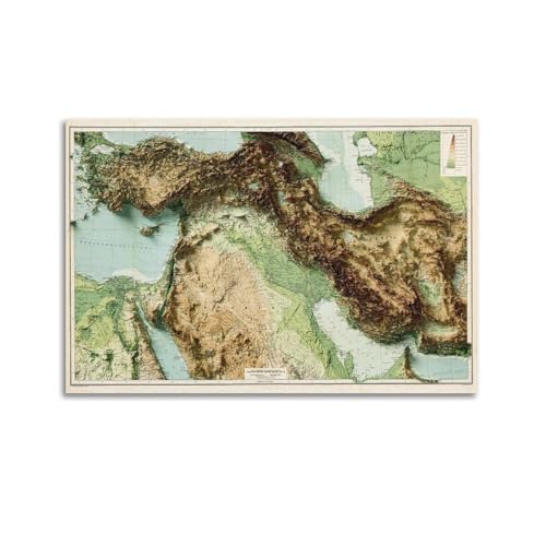 UNSGA Poster vintage con mappa in rilievo del Medio Oriente, poster decorativo da parete su tela, poster decorativo moderno per la camera da letto, per la camera da letto (30 x 45 cm)