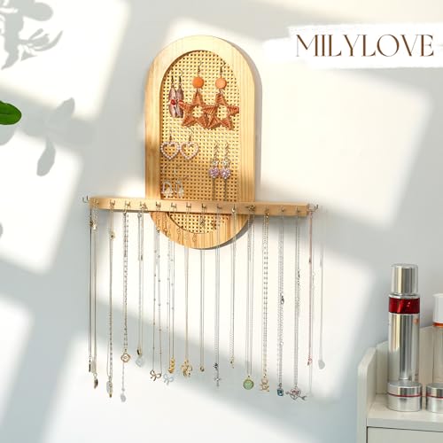 milylove Wall Necklace Holder Hanging Jewelry Organizer whit 18 Hooks Wooden Necklace Organizer, Space-saving Boho Jewelry Display for Necklaces & Earrings Storage — view 5