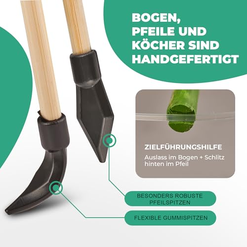 Abowllon® Pfeil und Bogen Kinder Sportgerät Set 15 Pfeile mit Gummispitze, Köcher, Tasche & 4 Zielscheiben | Bogenschießen Kinder | Für Rechts und Linkshänder