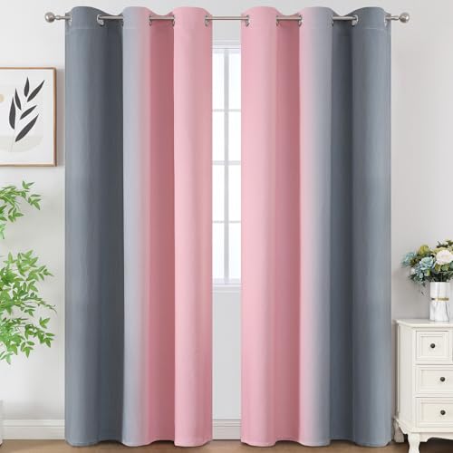 Estelar Textiler Pink and Grey Ombre Blackout Curtains for Living Room, Full Room Darkening Curtains for Bedroom, Light Blocking Grommet Thermal Insulated Gradient Drapes, 2 Panels, 42x96 Inch