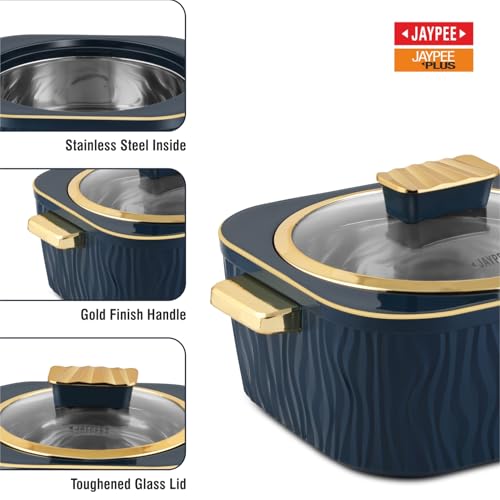 Image of JAYPEE Crinkle Klass Inner Stainless Steel Casserole Set of 3(1000+1500+2000) ml PUF Insulated Gold Finish Handle Lockable Lid BPA Free Hot Box for Kitchen Roti Box Hot Pot Serving Casserole,S.Green