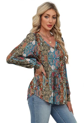 Alaroo Womens Long Sleeve Shirts Pleated V Neck Curved Hem Fall Winter Tunic Tops Blouses Print4