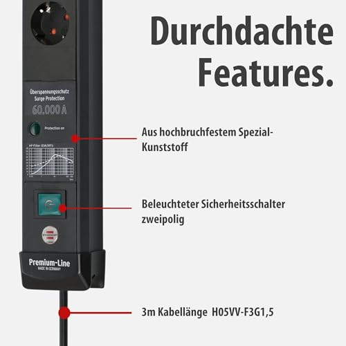 Brennenstuhl Premium-Line Steckdosenleiste 6-Fach mit Überspannungsschutz bis zu 60.000A (Mehrfachsteckdose mit Schalter und 3m Kabel, Steckdosenleiste Wandmontage, Made in Germany) schwarz