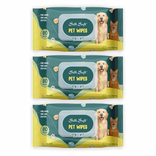 Image of Pet Wipes | 240 Wipes (80 Pulls x 3 Packs) | Gentle Cleaning Wipes for Dogs & Cats | Deodorizing & Skin-Friendly Pet Grooming Wipes | Ideal for Paws, Fur, Face & Body