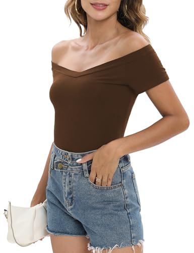Image of Sarin Mathews Womens Shirts Off The Shoulder Tops Sexy V Neck Slim Fit Shirts Tops Blouses