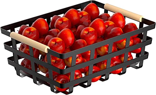 2 Pack X-Large Wire Metal Baskets Thick Functional Storage Organizer Farmhouse Fruit Bin With Wood Handles For Pantry Cabinets Rustic Kitchen Counter Closet Under Sink, Entryway- Black Upgraded #TOP6