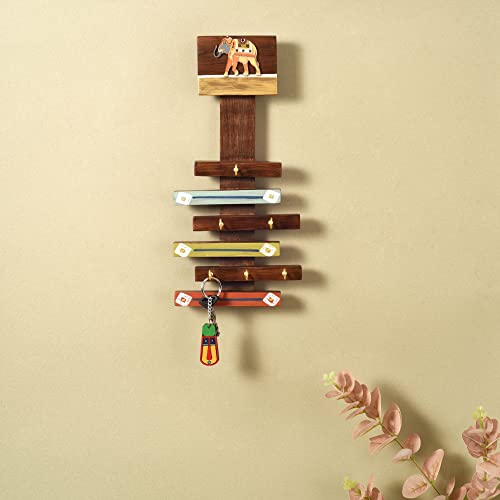 Image of AAKRITI ART CREATIONS Key Holder, Happy Elephants Stripped Key Hangers | Rustic Teak Wood Wall Organizer with 6 Hooks | New Home Gifts | Multifunctional Entryway Decor Item