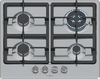 Bosch PGH6B5K90 Serie 4 Piano Cottura a Gas, Bruciatore Wok: Potenza Fino a 3.3 Kw, Griglie in Ghisa, Acciaio, 60 Cm, 3 zone + Wok, Inox