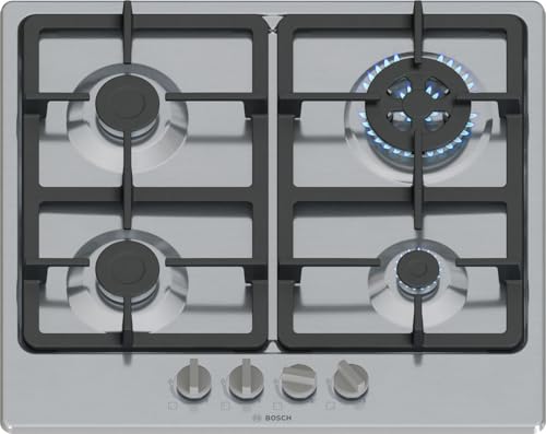 Bosch PGH6B5K90 Série 4 Plateau Cuisson à Gaz, Brûleur Wok : Puissance jusqu'à 3,3 Kw, Grilles en fonte, Acier, 60 Cm, 3 zones + Wok, Inox