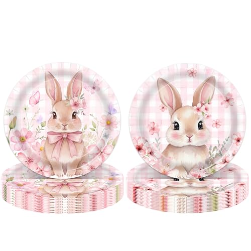 umoni Cute Rabbit Floral Disposable Plates Retro Pastel Pink Tableware for Spring Party Easter Celebration and Bunny Themed Events