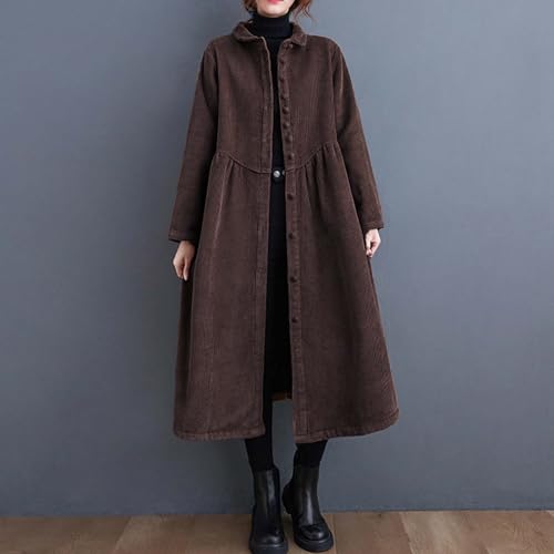 Womens Retro Classic Corduroy Button Down Lapel Neck Maxi Dress Fall Winter Casual Jacket Outerwear with Side Pockets2
