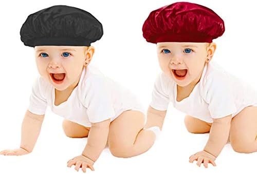 DuoZan 2 Pack Kids Satin Bonnets Night Sleeping Cap Wide Band Shower Cap Bath Hats for Baby Children Toddler (Black+Wine)…