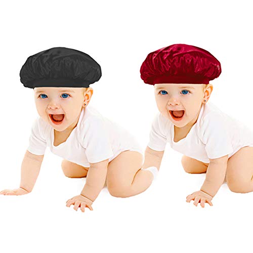 Duozan 2 Pack Kids Satin Bonnets Night Sleeping Cap Wide Band Shower Cap Bath Hats For Baby Children Toddler (Black+Wine)… #TOP17