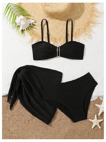 Image of SHENHE Girl's 3 Piece Swimsuit with Sarong Coverup Wrap Skirt High Waist Textured Bikini Set Black 13 Years