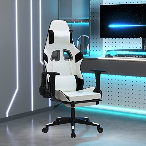Homgoday Silla Gaming Masaje y reposapiés Cuero sintético Negro Blanco Silla Gaming Profesional Silla de Oficina Ergonómica Altura Regulable Silla Gamer para JuegosCon reposapiés
