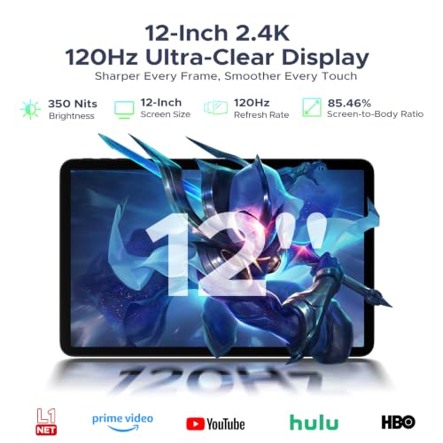 Image of P12 2026 Android 16 Tablet, 12 Inch 120Hz 2.4K Tablet with Gemini AI, UNISOC T7280 Octa Core, 48GB RAM+128GB Storage, 10000mAh Battery, Face ID, Widevine L1, Tablet with Keyboard, Pen -Black