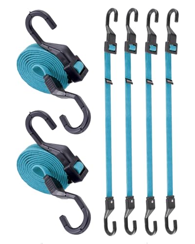 Image of 60 inch Flat Adjustable Bungee Cords with Hooks, 3X Faster to Adjust the Length | LUCKY STRAPS 6 Pack Blue Heavy Duty Bungee Straps for Cargo, Camping, Bike, Truck, Roof Rack, Motorcycle, Outdoor Use