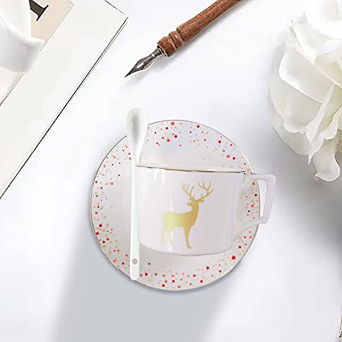 Christmas Moose Cappuccino Cups Set, Bone China 8Oz Tea Cups And Saucers With Spoon, Gift Box Tote Bag, For Latte Mocha And Tea Coffee Lover, Christmas Gecorations Parties Gift (Color : Red) #TOP3