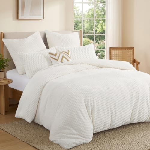 Winter Flanell Bettwäsche 200x200 3teilig Warm Plüsch - Weiß, ÖKO-TEX | Flauschig 3D Weiss Winterbettwäsche mit 2 Kissenbezüge 80x80 cm, Kuschelig Bettbezug mit Reißverschluss, Wei