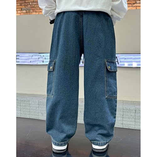 Boy's Cargo Jeans Elastic Waisted Baggy Denim Pants Kids Straight Leg Pull On Jeans with Pockets 6-14 Years4