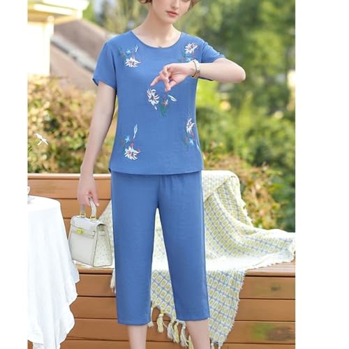 Image of FindThy Women's 2 Piece Linen Outfits Short Sleeve Floral Print Lounge Sets Crewneck Summer Suits