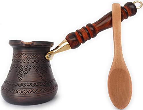 DEDE Copper - PCZ Series (Small-6 fl.oz) Thickest Solid Copper Engraved/Stamped Turkish Greek Arabic Coffee Pot with Wooden Handle, Stovetop Coffee Maker Cezve Jezve Jazva Jazzve Ibrik Briki (Antique) by DEDE Copper - Used condition - US$39.05