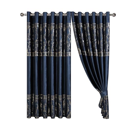 Image of Greek Key Velvet Curtain Pair - 90x90 Inches - Heavyweight with Luxury Foil Print - Room Darkening Eyelet - Fully Lined for Thermal Insulation - Includes Two Tiebacks (Navy, 229 x 229 cm)