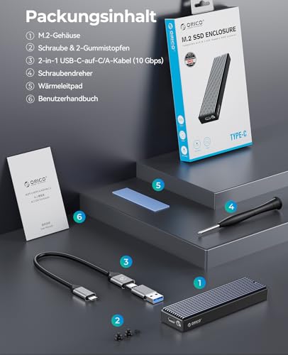 ORICO M.2 NVMe SSD Gehäuse USB-C Adapter 10Gbps USB3.2/ USB3.1 Gen2 für PCIe NVMe M-Key/M+B Key SSD… – Ansicht 7