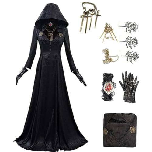 brehiay Lady Village Costume Gothic Cosplay Dress Black Hooded Dress Halloween Vampire Cosplay