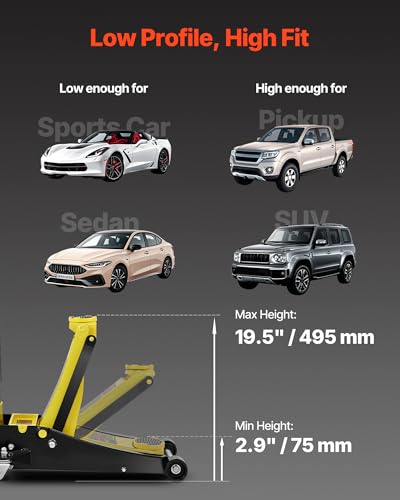 Image of VEVOR 3 Ton Low Profile Floor Jack | Heavy-Duty Racing, Dual Pistons Quick Lift Pump, Lifting Range 3.35 inch-19.69 inch