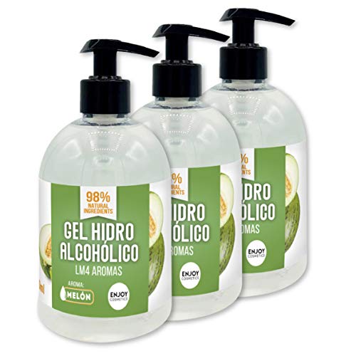 PACK 3 x Gel hidroálcool aroma MELON 500 ml com 70 % álcool e glicerina NATURAL para cuidados com a pele. 98% ingredientes naturais.