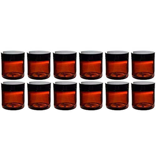 (Set of 12) Amber 4 Ounce Plastic Straight Sided Jars with Smooth Black Lids