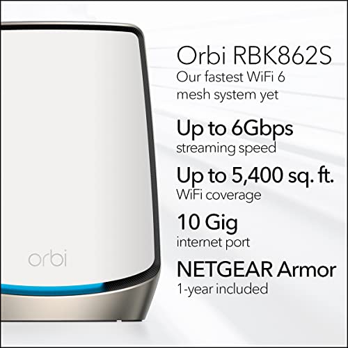 Image of NETGEAR Orbi Tri-Band WiFi 6 Mesh Network System (RBK862S) - Router + 1 Satellite Extender, Security Features, Up to 6Gbps, Up to 5,400 sq. ft., 100 Devices, 10 Gig Internet Port, Armor Subscription