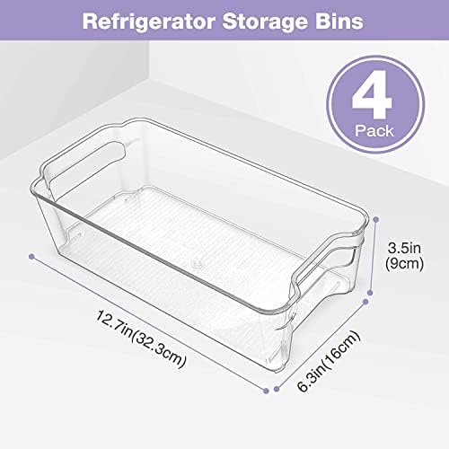 4 Pack Puricon Fridge Organiser Set Storage Box Tray, Clear Plastic Stackable Bins, Freezer Space Saver, Refrigerator Tidy Container, for Pantry Kitchen Cupboard Cabinet Storage Large